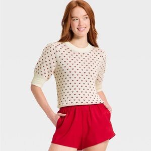 Universal Thread Cream and Red heart short sleeve Knit Sweater